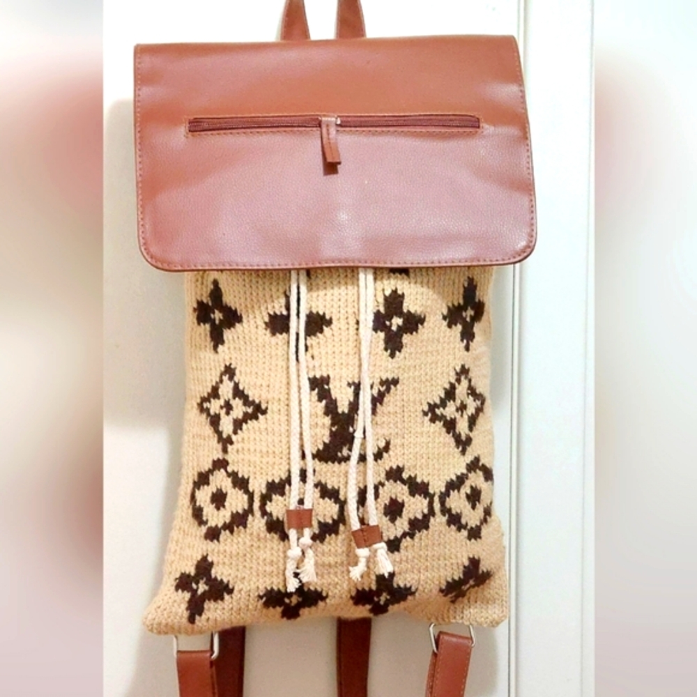 Louis Vuitton Beige Knit Backpack Front Pocket + LV Logo Front/Back
